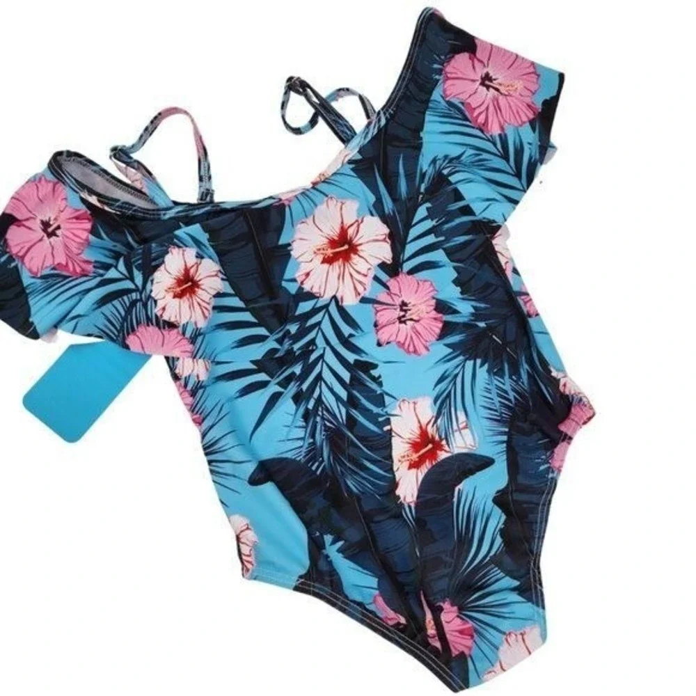 IFFEI Girls Tropical‎ Hibiscus Floral One Piece Swimsuit Blue Pink Ruffle Y6 NWT